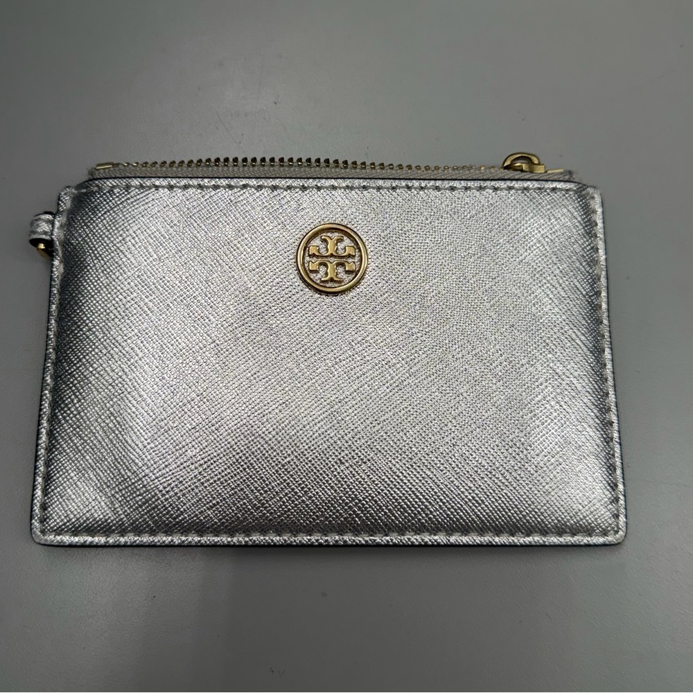 Tory Burch Silver Metallic Zip Card Case with Gold Emblem *MISSING ZIPPER PULL*